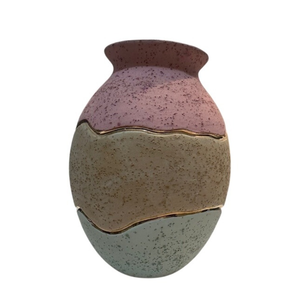 Modern Ceramic 80s‎ Vase Pink Tan Light Blue Gold Trim Textured Speckled Decor